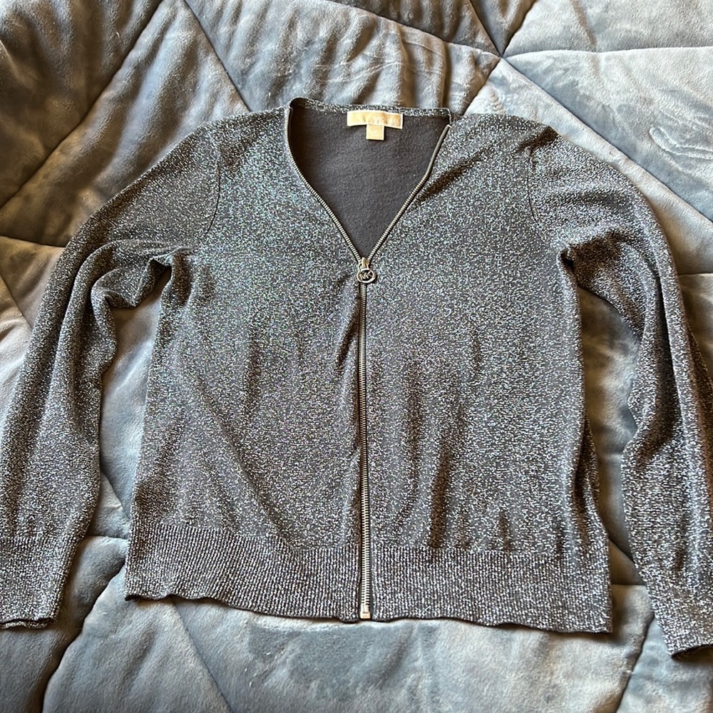 MICHAEL Michael Kors Grey Metallic Shimmer Zip Front Cardigan